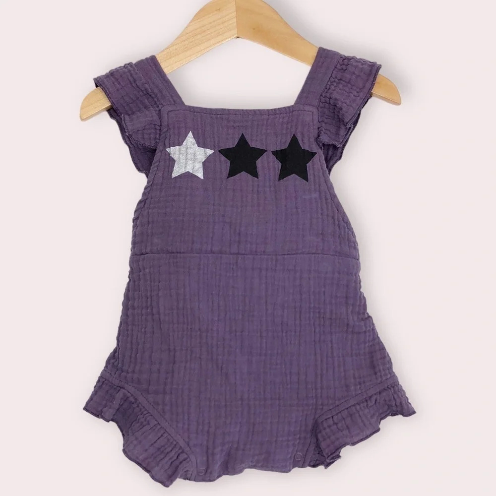 Old Soles bubble romper purple‎ muslin flutter sleeve size 3-6 months